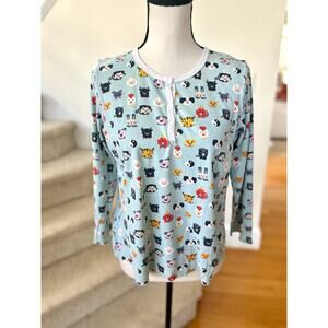 Roller Rabbit Women's Blue Farm Animal Print Long Sleeve Henley Pajama Top